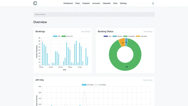 City Taxis cleric overview dashboard showing booking, booking status, and API hits charts.