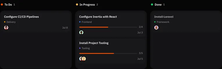 Kanban board showing Laravel project setup tasks across To Do, In Progress, and Done columns.