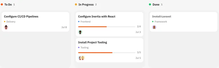 Kanban board showing Laravel project setup tasks across To Do, In Progress, and Done columns.