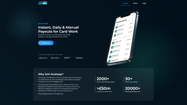 Rushpay marketing page showing instant driver payouts and payment volume stats.