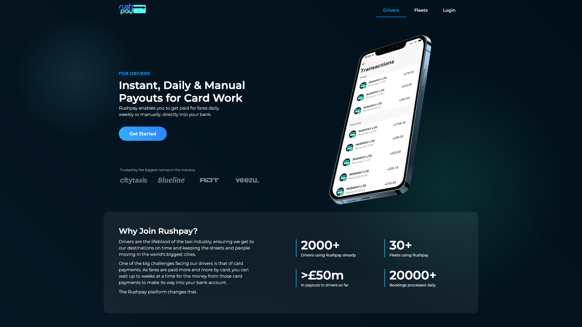 Rushpay marketing page showing instant driver payouts and payment volume stats.