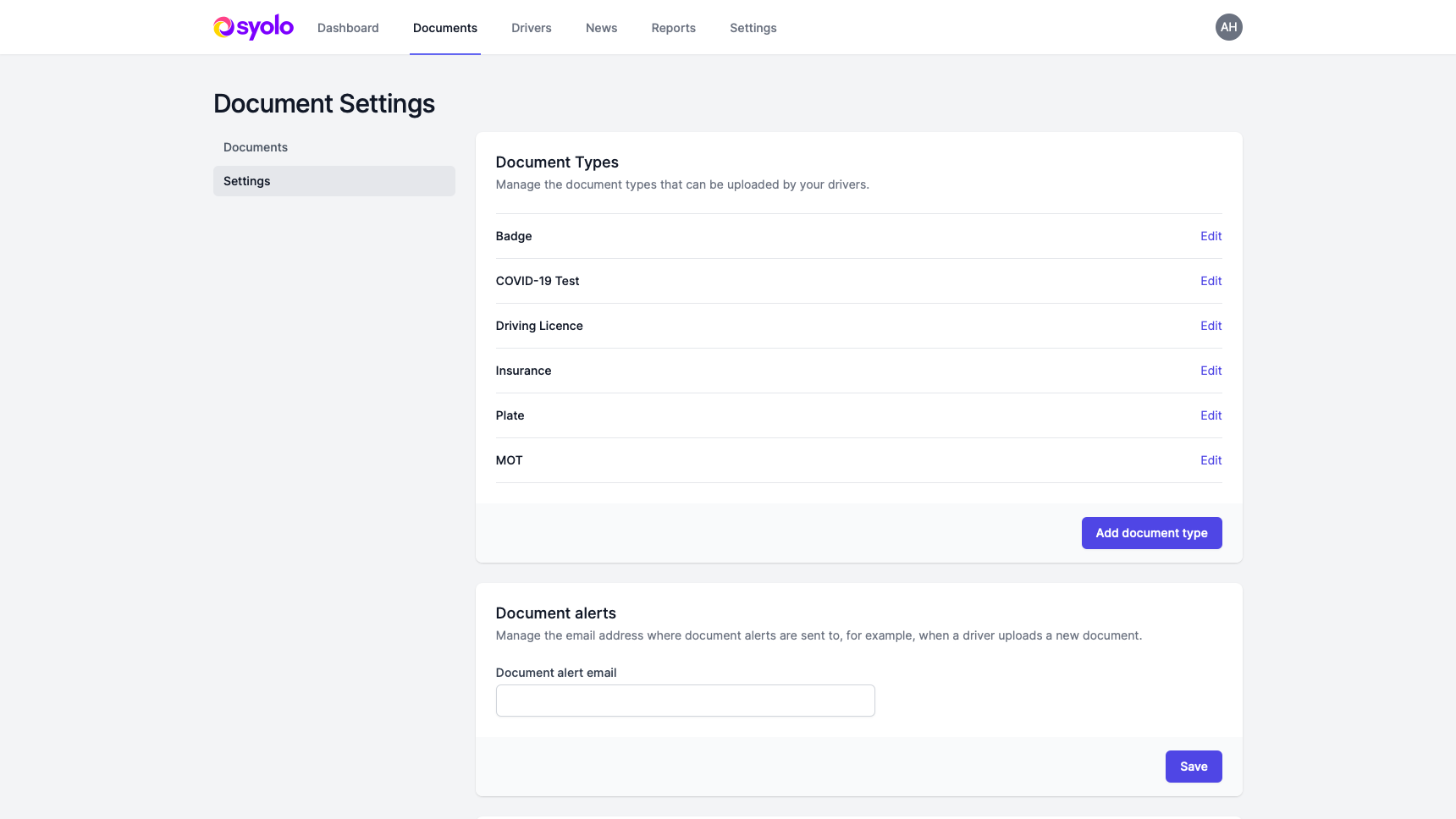 Syolo document settings screen showing configurable driver document types and alerts.