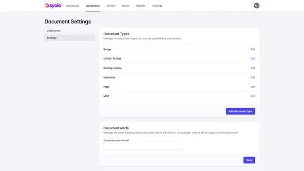 Syolo document settings screen showing configurable driver document types and alerts.