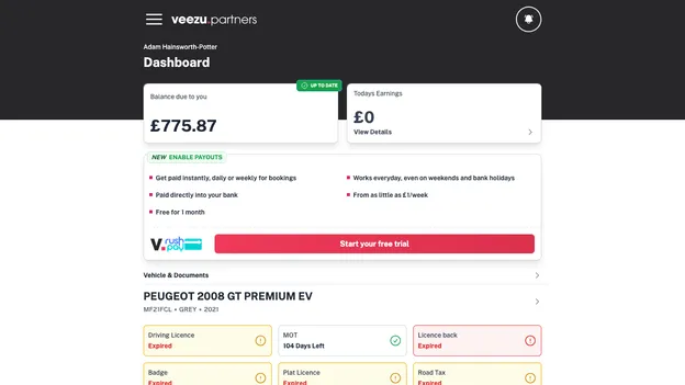Veezu driver dashboard showing balance, earnings, payout prompt, and vehicle document status.